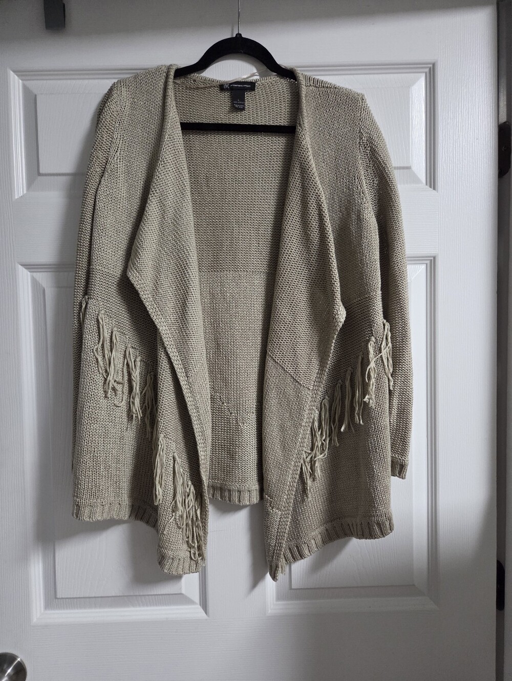 Inc International  Women's Beige Open-Front Fringe Knit Sweater Cardigan Size L